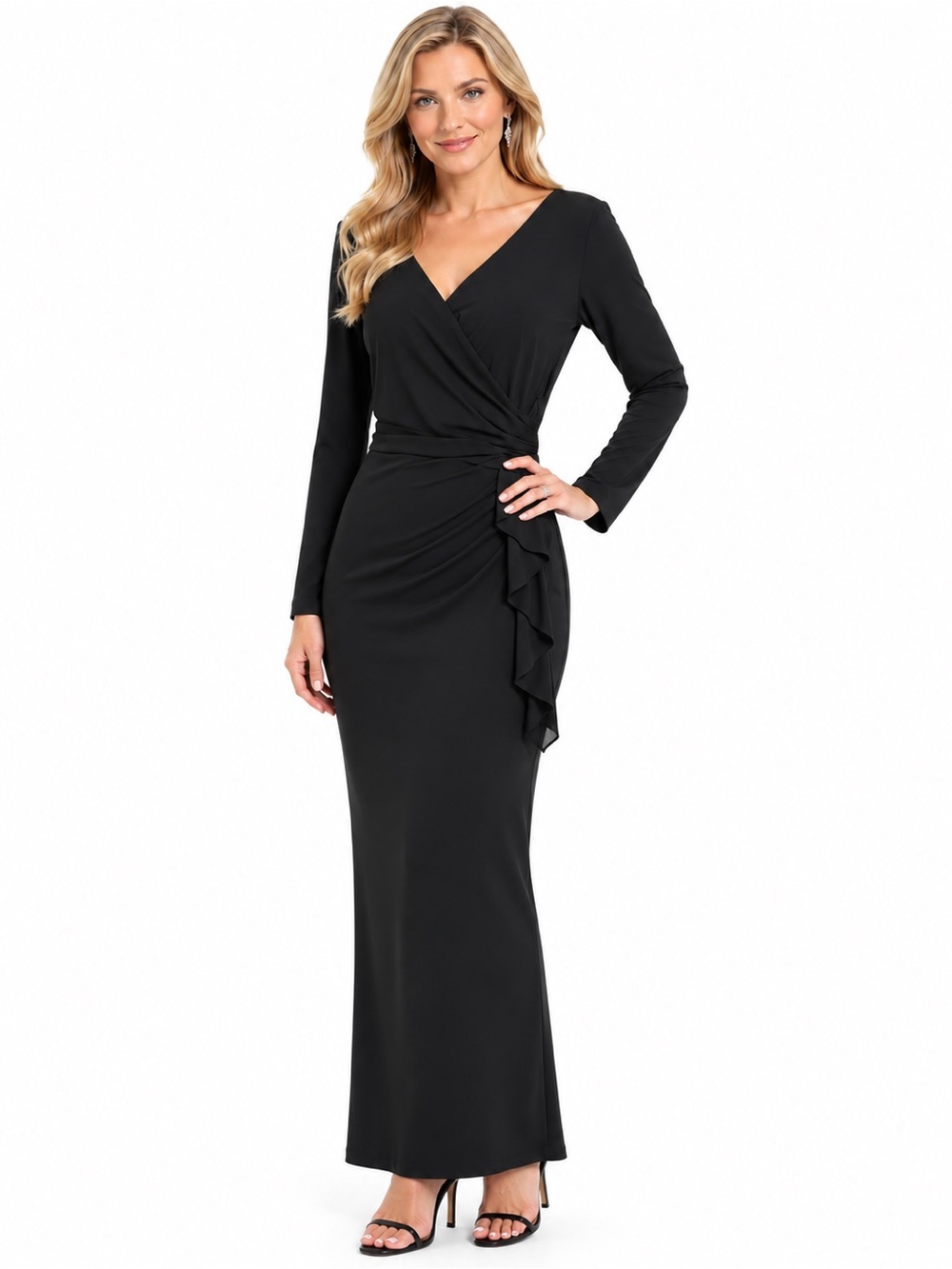 Ralph Lauren Size 10 Black Long Sleeve Maxi Dress Ruched Ruffle Formal Gown